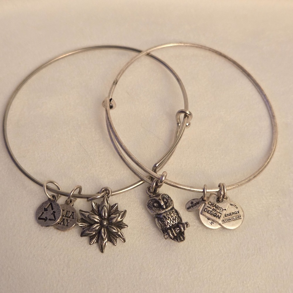 Alex And Ani Silver Tone Charm Bracelet Lot of 2 Owl & Lily Flower
